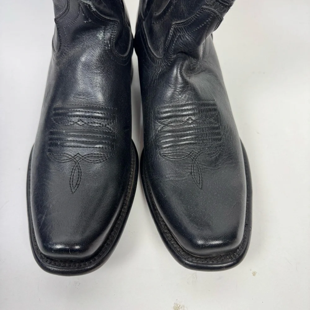 Pistolero Black Leather Embroidered Square Toe Western Cowboy Boots Rodeo